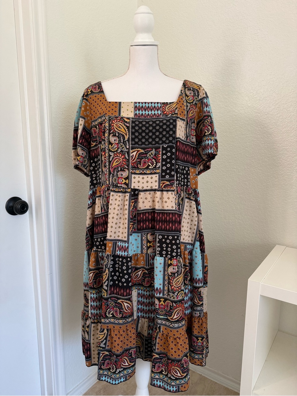 SHEIN Multi-Print Patchwork Midi Dress in Brown, Black & Blue